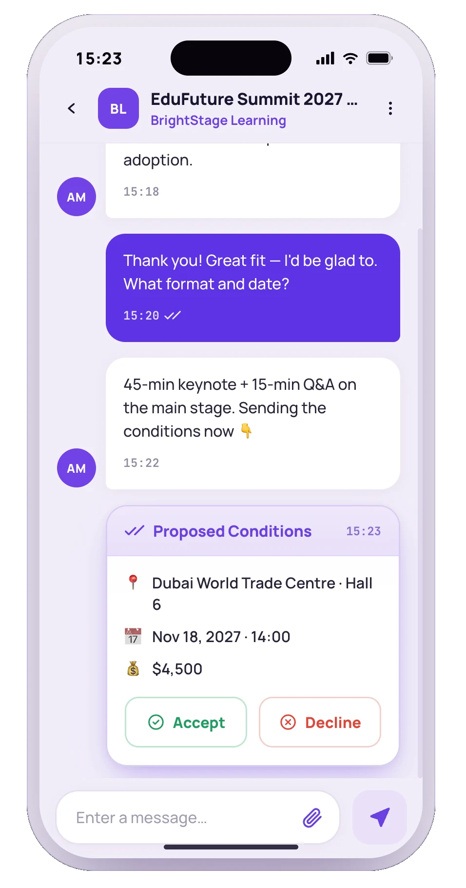 Negotiating a speaker fee and conditions inside the SpeakUp in-app chat
