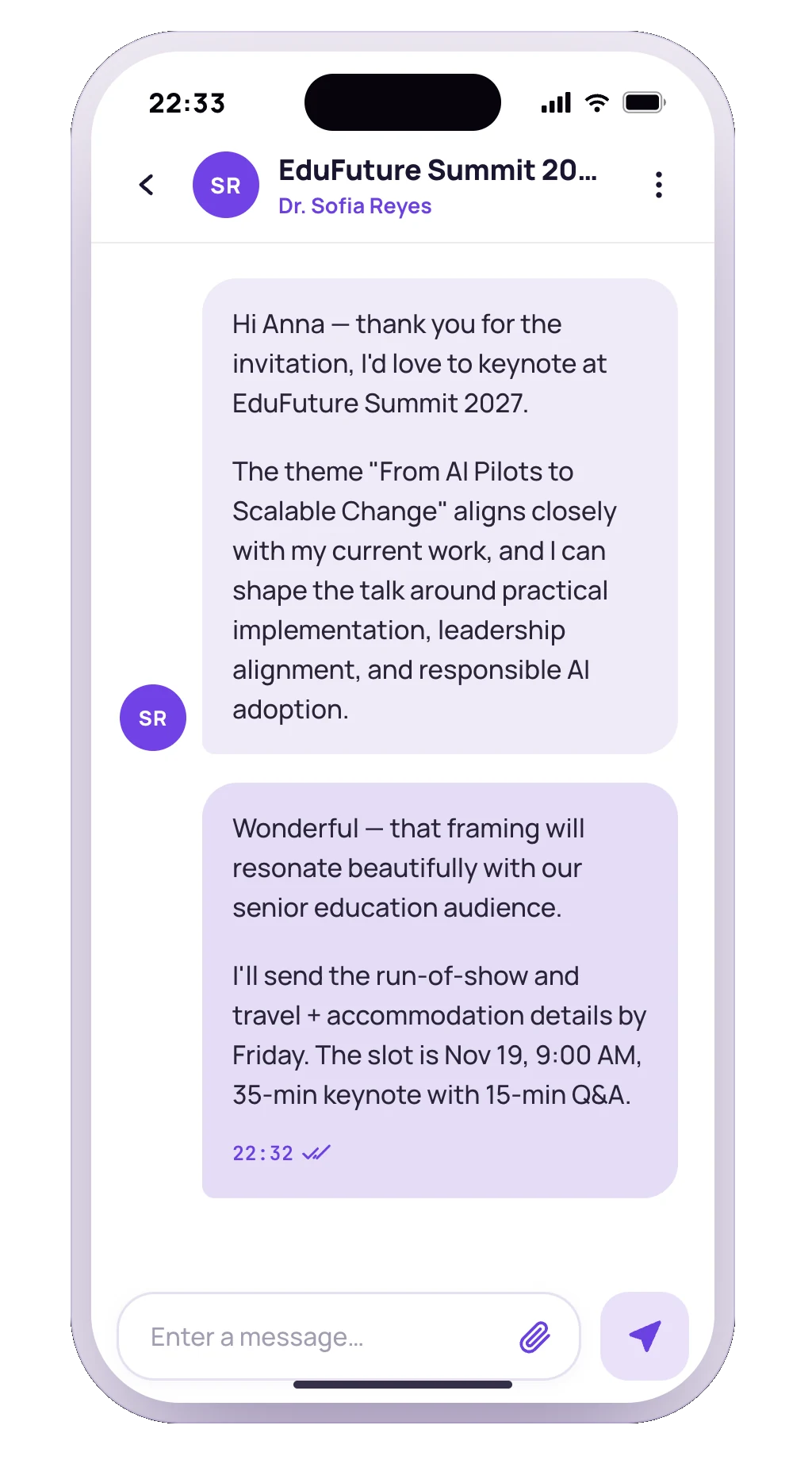 Chat dentro de la app con un ponente preseleccionado
