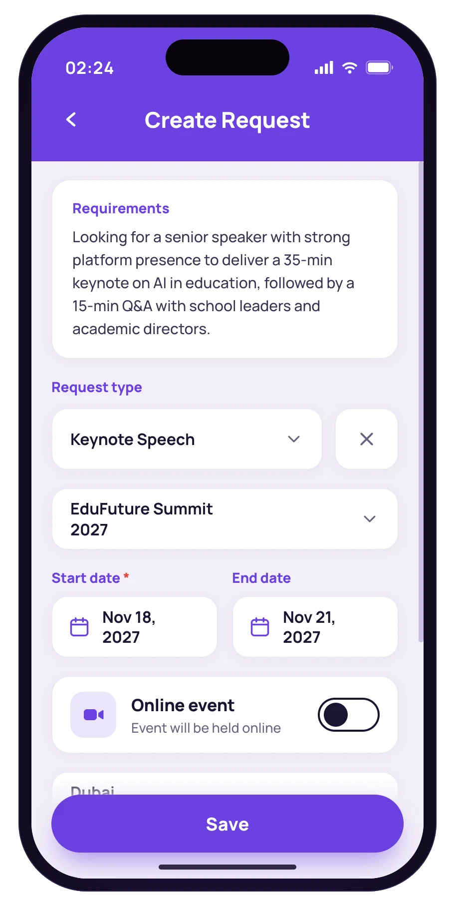 Create a speaker request inside an event on SpeakUp