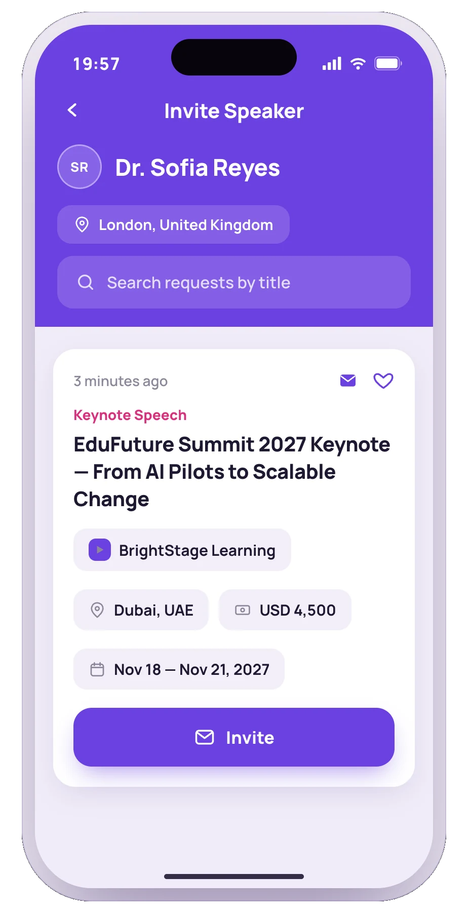Invite a speaker to an event request in the SpeakUp app