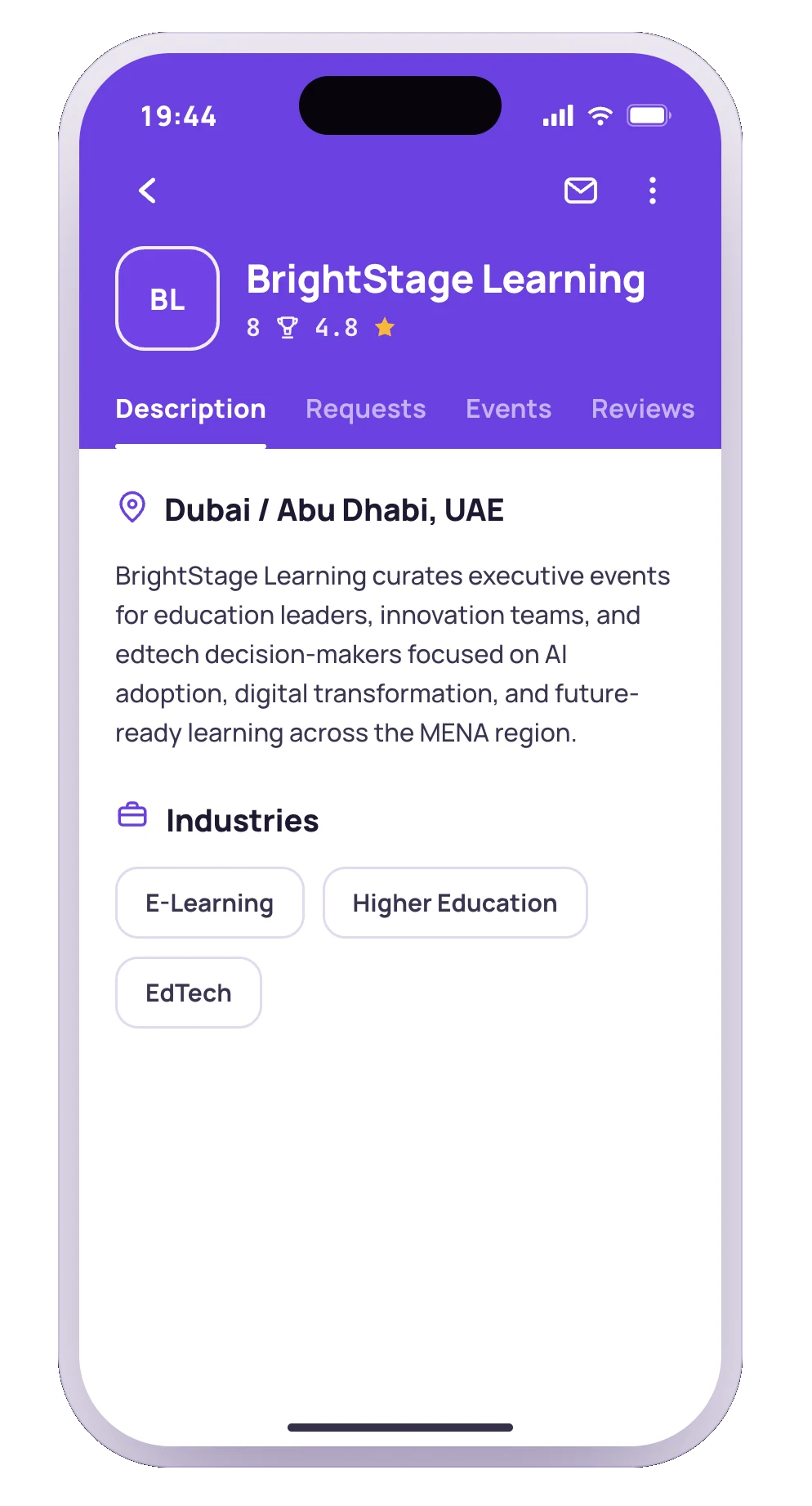 An organizer's company profile page in the SpeakUp app