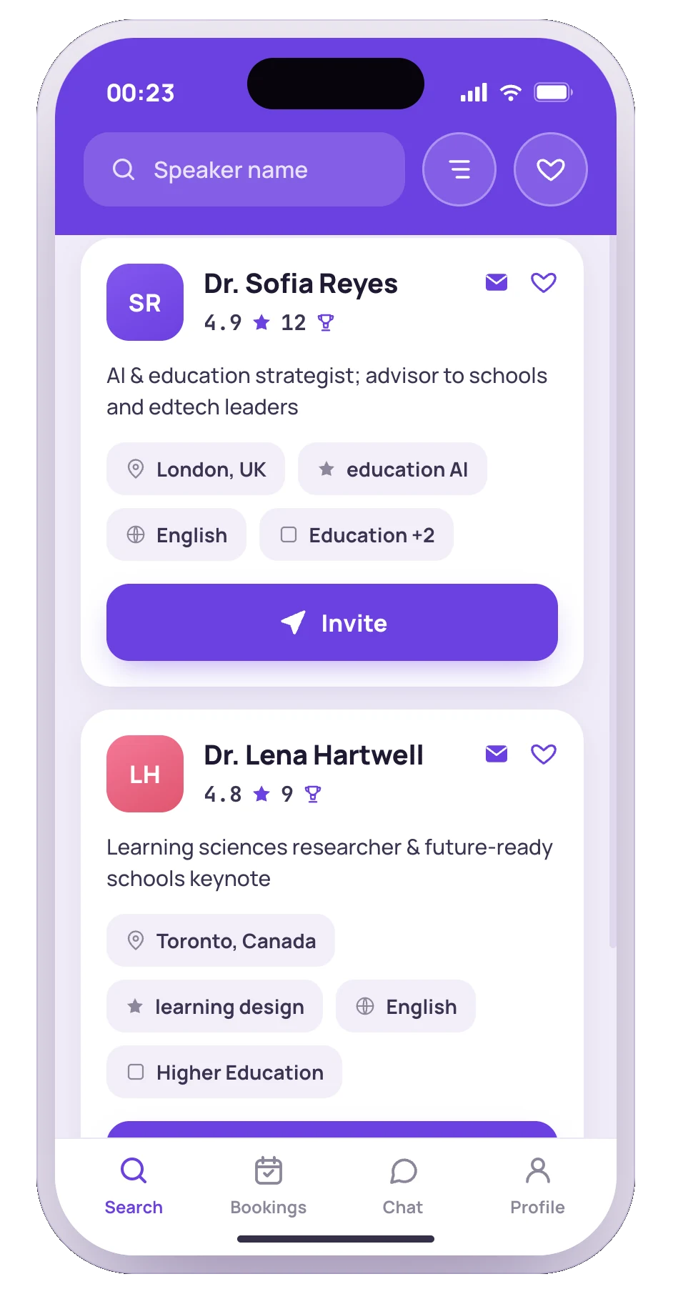 Search and invite speakers to an event in the SpeakUp app