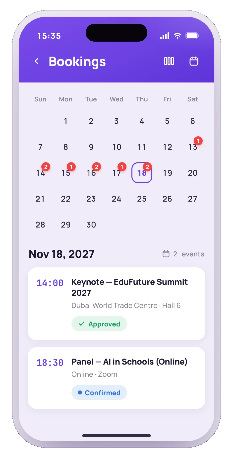 Calendario de próximas reservas en la app de SpeakUp
